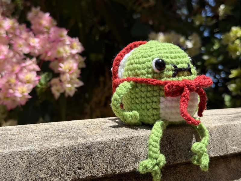 Crocheted Bernard the mushroom frog sitting