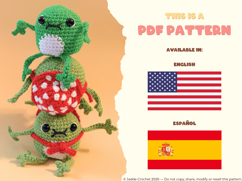 Crocheted green frog with an amanita hat  on a beige background, with text about a PDF pattern available in English and Spanish