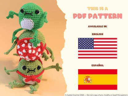 Crocheted green frog with an amanita hat  on a beige background, with text about a PDF pattern available in English and Spanish