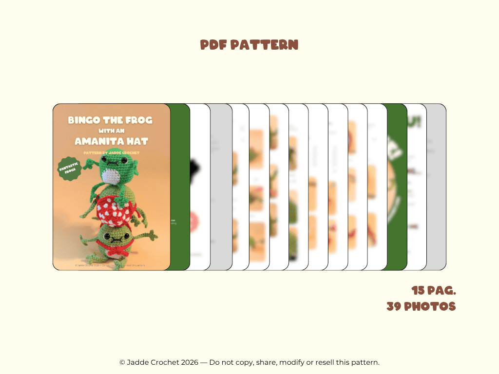 Crochet pattern booklets for a frog with an amigurumi hat on a white background.