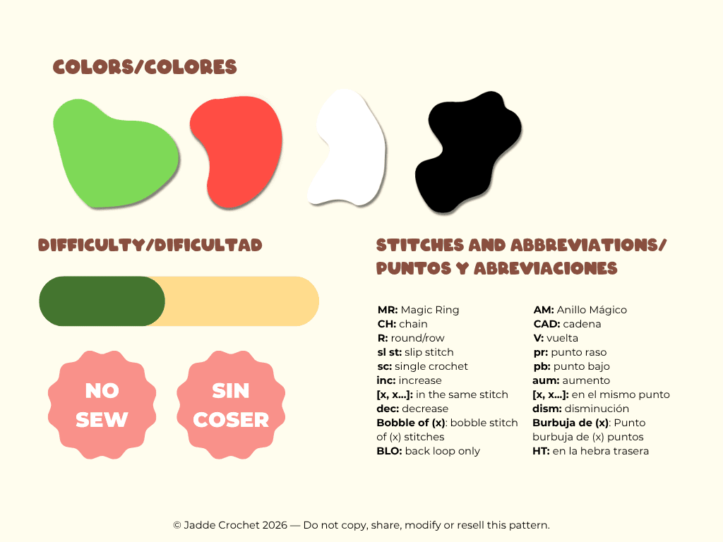 Crochet chart with color swatches, difficulty level, and stitch abbreviations on a beige background.
