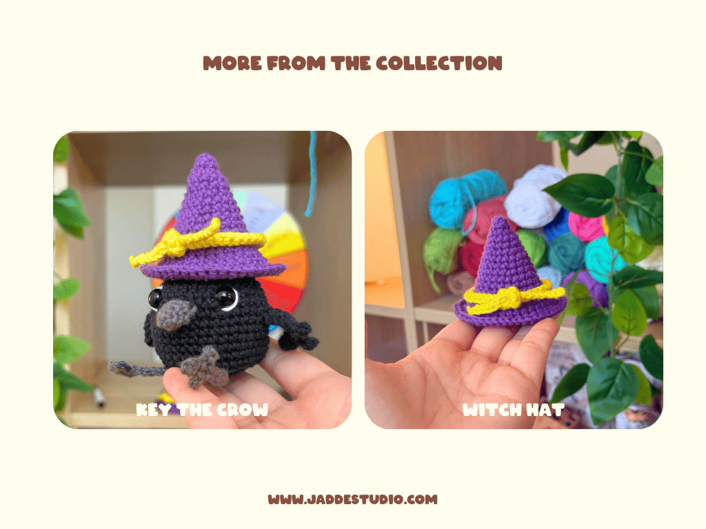 A promotional collage with the heading 'MORE FROM THE COLLECTION' showing two handmade crocheted plush items held in a hand: a black crow wearing a red Santa hat and scarf labeled 'REY THE CROW,' and a small purple witch hat with a yellow bow labeled 'WITCH HAT.' The background is a light cream color with decorative plants and colorful yarn balls.