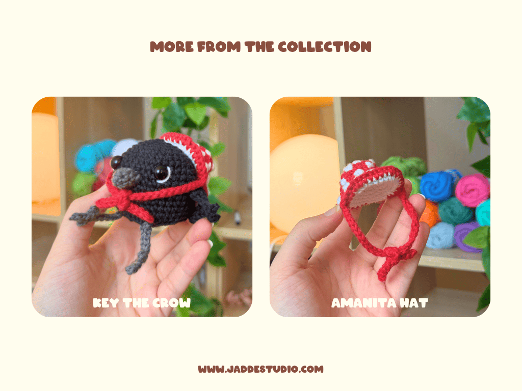 A promotional collage showing two handmade crocheted animal figures held in hands: a green frog with a red hat and scarf labeled 'BINGO THE FROG,' and a black crow with a red hat and scarf labeled 'KEY THE CROW.' The top reads 'MORE FROM THE COLLECTION,' and the bottom shows 'WWW.