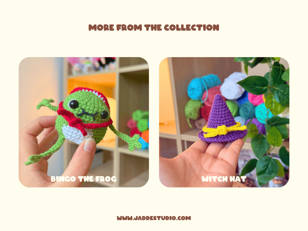 A promotional collage showing two handmade crocheted animal figures held in hands: a green frog with a red hat and scarf labeled 'BINGO THE FROG,' and a black crow with a red hat and scarf labeled 'KEY THE CROW.' The top reads 'MORE FROM THE COLLECTION,' and the bottom shows 'WWW.