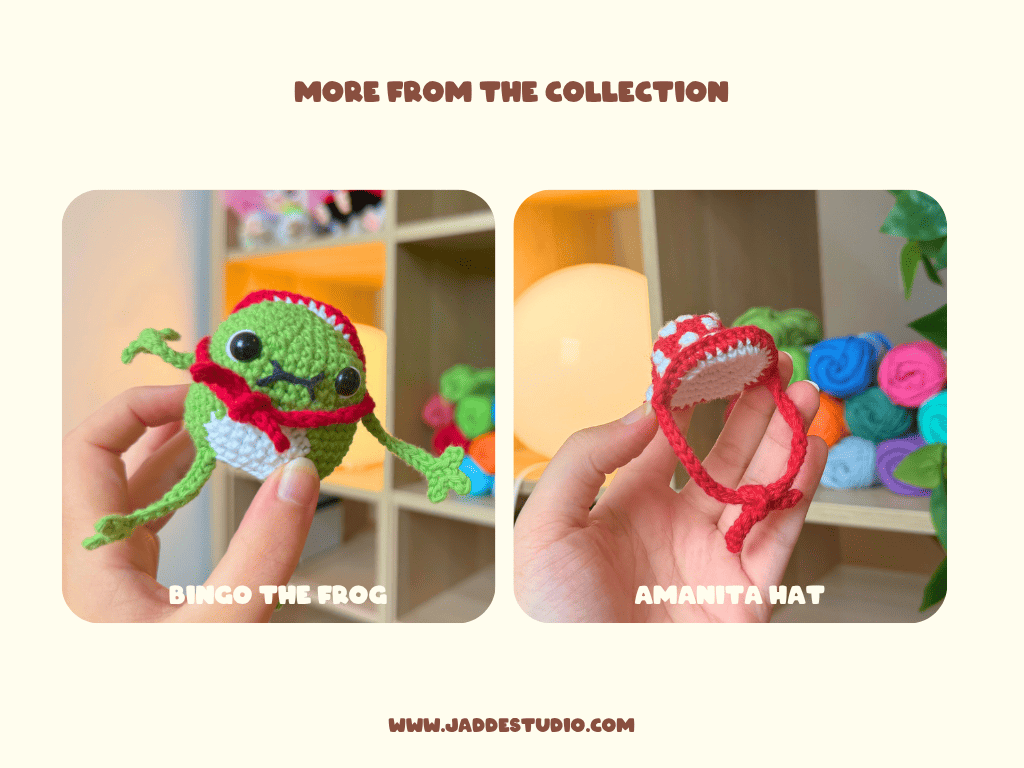 A promotional collage showing two handmade crochet amigurumi characters held in hands: a green frog with a red hat and scarf labeled 'BINGO THE FROG,' and a black crow with a red hat and scarf labeled 'KEY THE CROW.' The top reads 'MORE FROM THE COLLECTION,' and the bottom shows 'WWW.