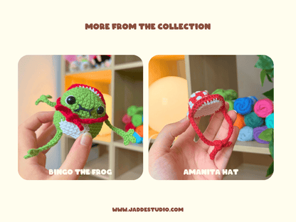 A promotional collage showing two handmade crochet amigurumi characters held in hands: a green frog with a red hat and scarf labeled 'BINGO THE FROG,' and a black crow with a red hat and scarf labeled 'KEY THE CROW.' The top reads 'MORE FROM THE COLLECTION,' and the bottom shows 'WWW.