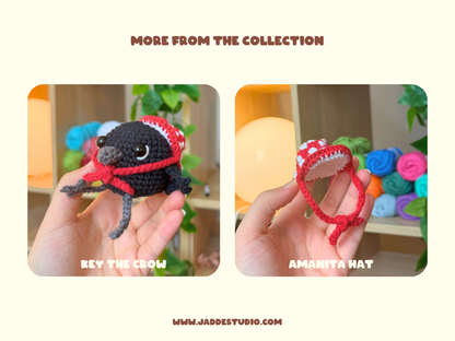 A promotional collage showing two handmade crocheted animal figures held in hands: a green frog with a red hat and scarf labeled 'BINGO THE FROG,' and a black crow with a red hat and scarf labeled 'KEY THE CROW.' The top reads 'MORE FROM THE COLLECTION,' and the bottom shows 'WWW.