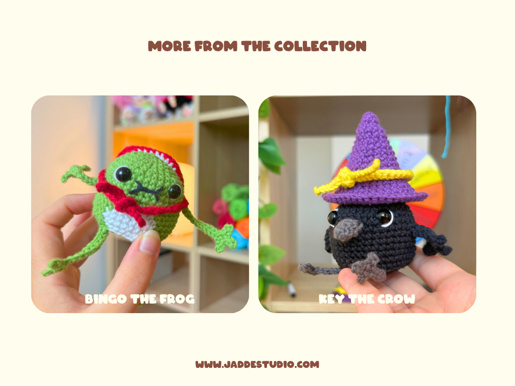 A promotional collage with the heading 'MORE FROM THE COLLECTION' showing two crocheted plush characters held in hands: a green frog wearing a red hat labeled 'BINGO THE FROG,' and a black crow wearing a purple hat with yellow trim labeled 'KEY THE CROW.' The background is a warm cream color with shelving visible behind the inset photos.