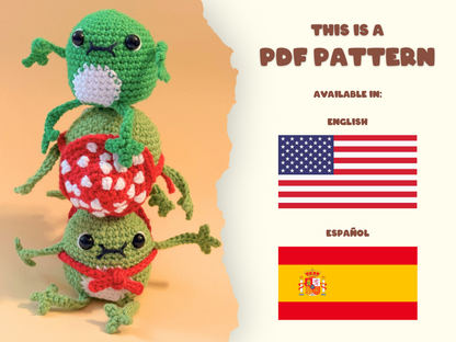 A crocheted stack of three green cartoon frogs with a red-and-white spotted mushroom on top, shown beside text reading 'THIS IS A PDF PATTERN' and flags for English and Spanish.