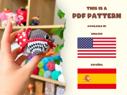 A hand holds a small crocheted pigeon toy on the left, with a torn-paper style divider on the right showing text that says 'THIS IS A PDF PATTERN' and flags for English and Español.