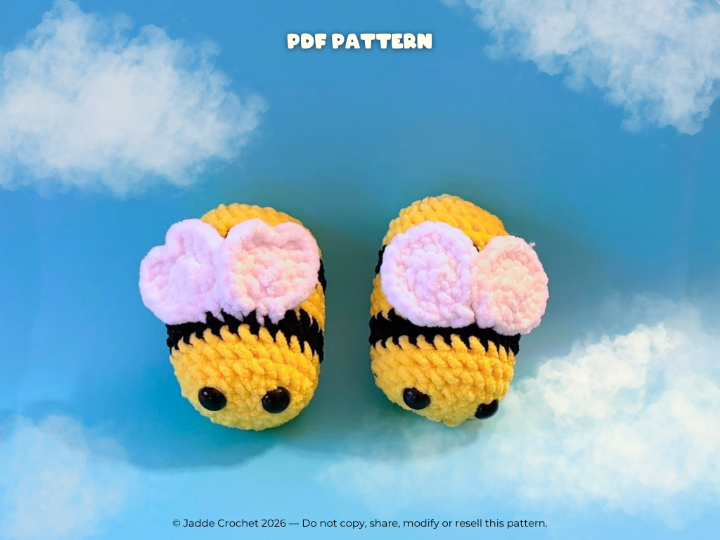 Two crochet bee toys on a blue background with 'PDF Pattern' text.