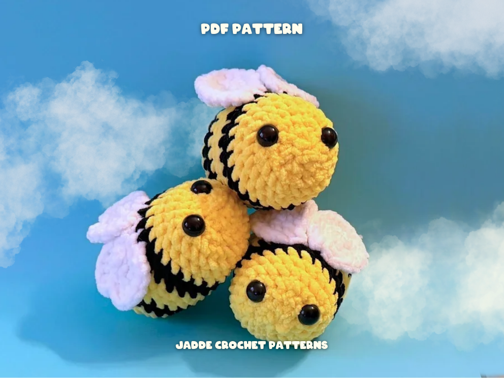Three crochet bee toys on a blue background with 'PDF Pattern' text.