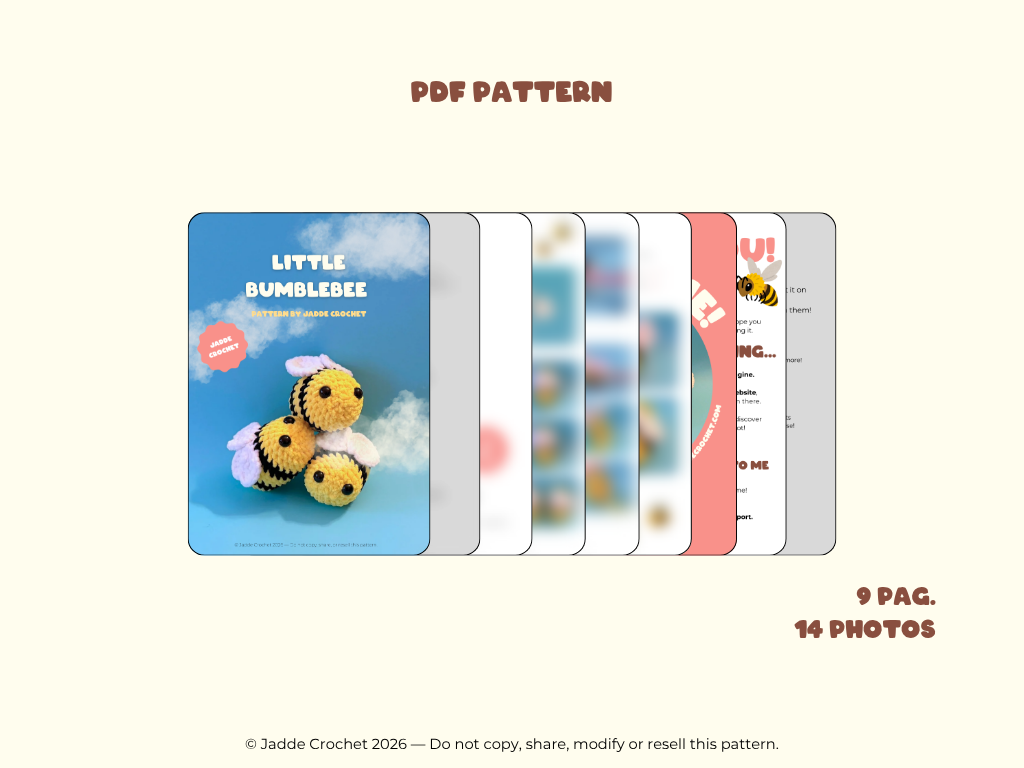 PDF pattern for a crochet bee with cover and inside pages displayed.