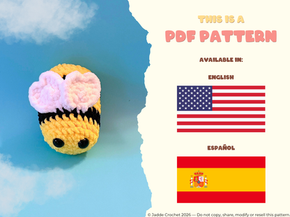 Crocheted bee toy with a PDF pattern text overlay on a blue background with American and Spanish flags.