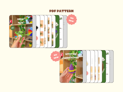 A digital preview for a PDF sewing pattern showing a cover image of a crocheted witch hat in purple and yellow, with several blurred pattern pages fanned out behind it. The text 'PDF PATTERN' appears at the top, and a pink badge says 'NO SEW'.