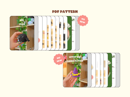 A digital preview for a PDF sewing pattern showing a cover image of a purple and yellow crocheted witch hat held in a hand, with several blurred page thumbnails behind it and the text 'PDF PATTERN' and a pink 'NO SEW' badge on a light cream background.