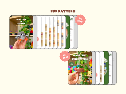 Promotional graphic for a PDF sewing pattern set, showing two fanned-out pattern booklets with colorful cover photos and pink 'NO SEW' badges on a light cream background. The text 'PDF PATTERN' appears at the top.