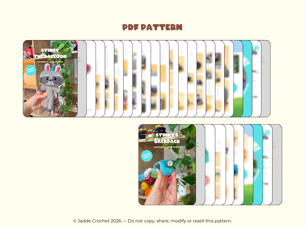 A digital preview for a crochet pattern bundle titled 'PDF PATTERN' on a light cream background. The layout shows two book-style covers with many interior page thumbnails fanned out behind them, plus small inset photos of crocheted plush items and a copyright note for Jaddie Crochet.