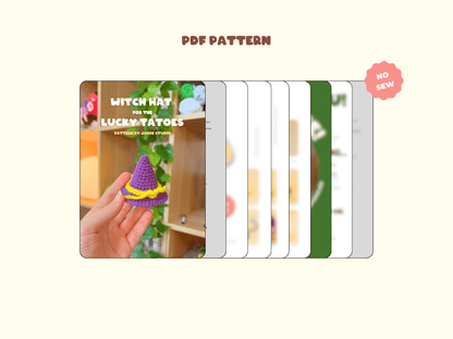 A digital preview for a PDF sewing pattern showing a cover image of a crocheted witch hat in purple and yellow, with several blurred pattern pages fanned out behind it. The text 'PDF PATTERN' appears at the top, and a pink badge says 'NO SEW'.