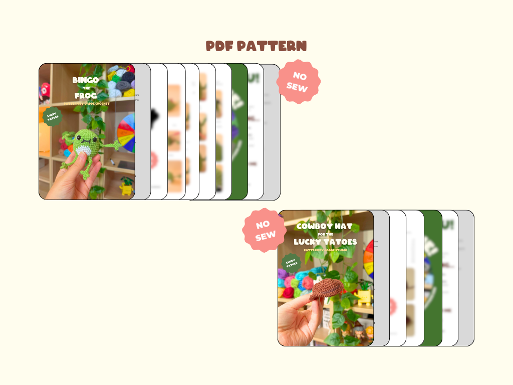 Promotional graphic for a PDF sewing pattern set, showing two fanned-out pattern booklets with colorful cover photos and pink 'NO SEW' badges on a light cream background. The text 'PDF PATTERN' appears at the top.