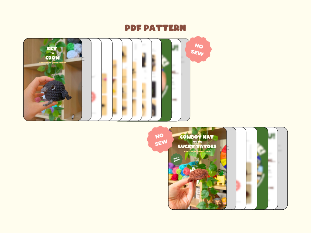 A digital listing graphic for a PDF sewing pattern set, showing two stacks of pattern cards with sample covers for a Crow and a cowboy hat, labeled 'PDF PATTERN' and 'NO SEW'.