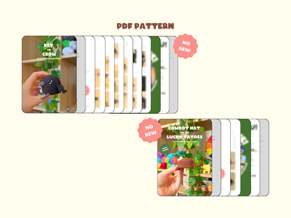 A digital listing graphic for a PDF sewing pattern set, showing two stacks of pattern cards with sample covers for a Crow and a cowboy hat, labeled 'PDF PATTERN' and 'NO SEW'.