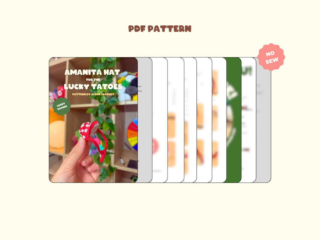 A digital preview for a PDF sewing pattern set, titled 'PDF PATTERN' at the top. The graphic shows a stack of pattern cards, with the first card displaying a photo of a hand holding a small rainbow-colored hat and the text 'AMANITA HAT AND LUCKY CATS' with 'BATCHED BY JUMBO CRAFT'.