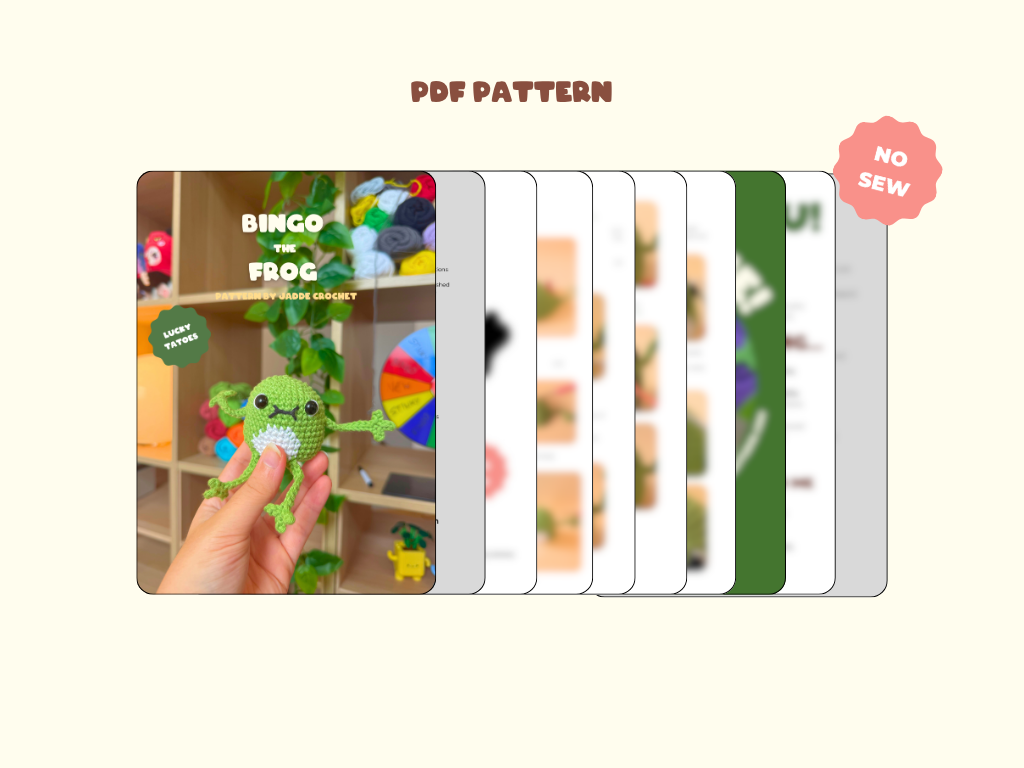 A digital mockup for a PDF sewing pattern, featuring a cover image of a green crocheted frog plush held by a hand, with several fanned-out interior page previews behind it. The text 'PDF PATTERN' is at the top, and a pink badge on the right says 'NO SEW'.