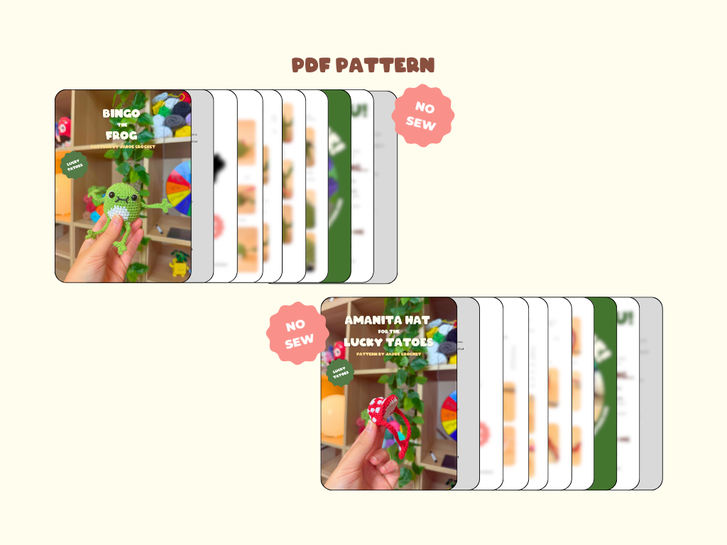Two sewing pattern previews on a light cream background, labeled 'PDF PATTERN.' The top preview shows a green plush frog with the text 'BINCO FROG' and a 'NO SEW' badge.