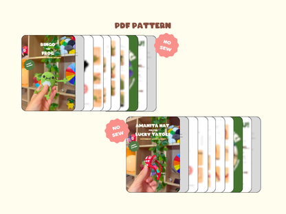 Two sewing pattern previews on a light cream background, labeled 'PDF PATTERN.' The top preview shows a green plush frog with the text 'BINCO FROG' and a 'NO SEW' badge.