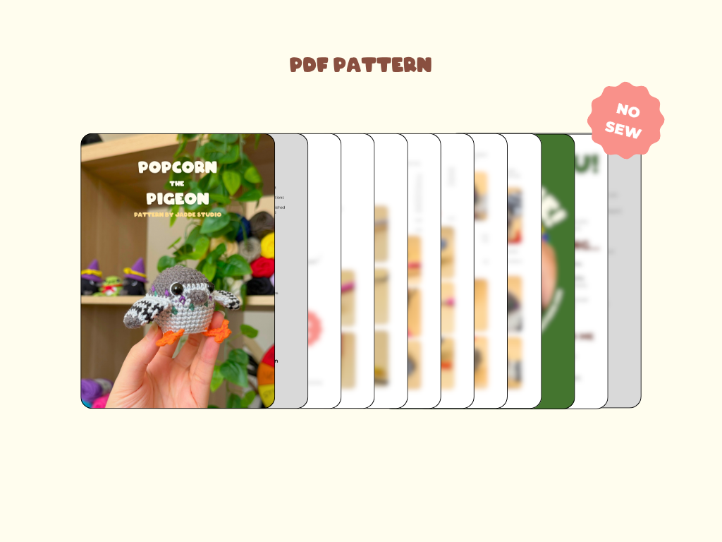 A promotional graphic for a PDF sewing pattern, showing a preview of multiple pattern pages fanned out behind the cover page. The cover displays a crocheted pigeon held by a hand in front of a wooden shelf with green plants.