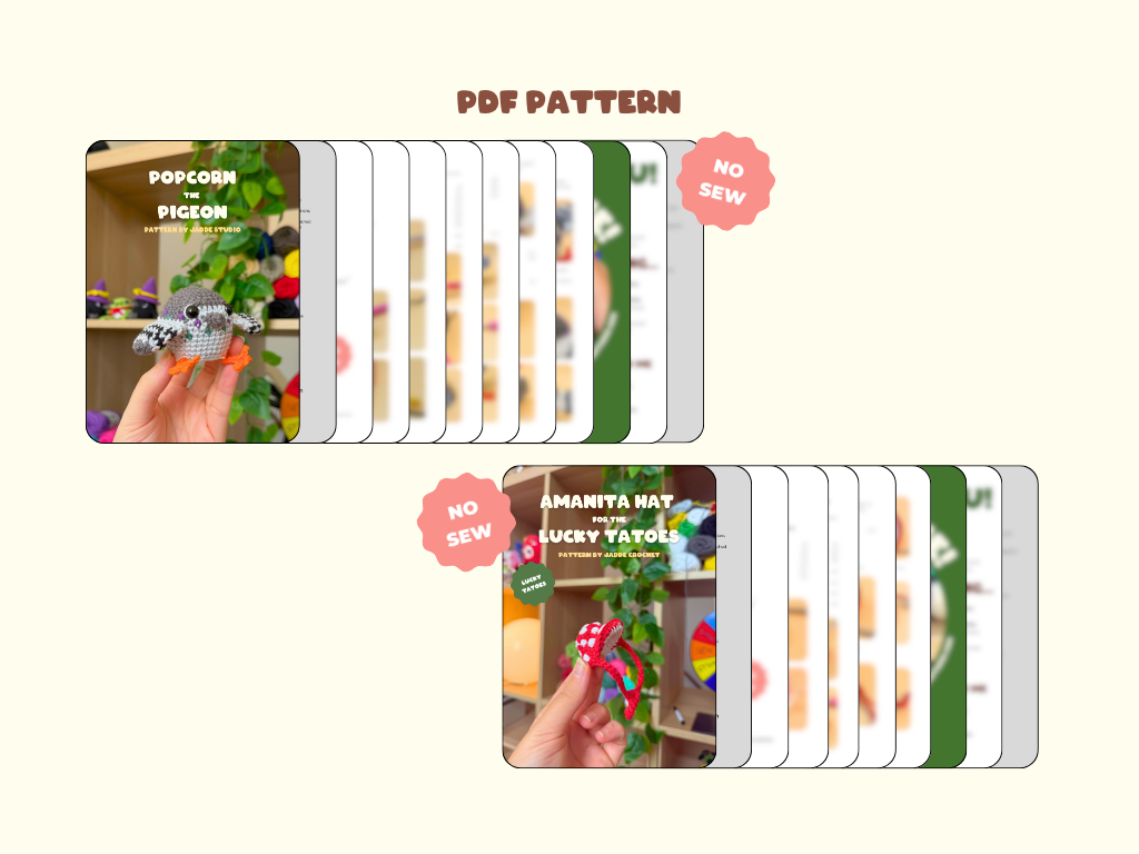 A digital listing graphic for a PDF sewing pattern set, showing two stacks of pattern cards with sample covers for a popcorn chick and an amanita hat, labeled 'PDF PATTERN' and 'NO SEW'.