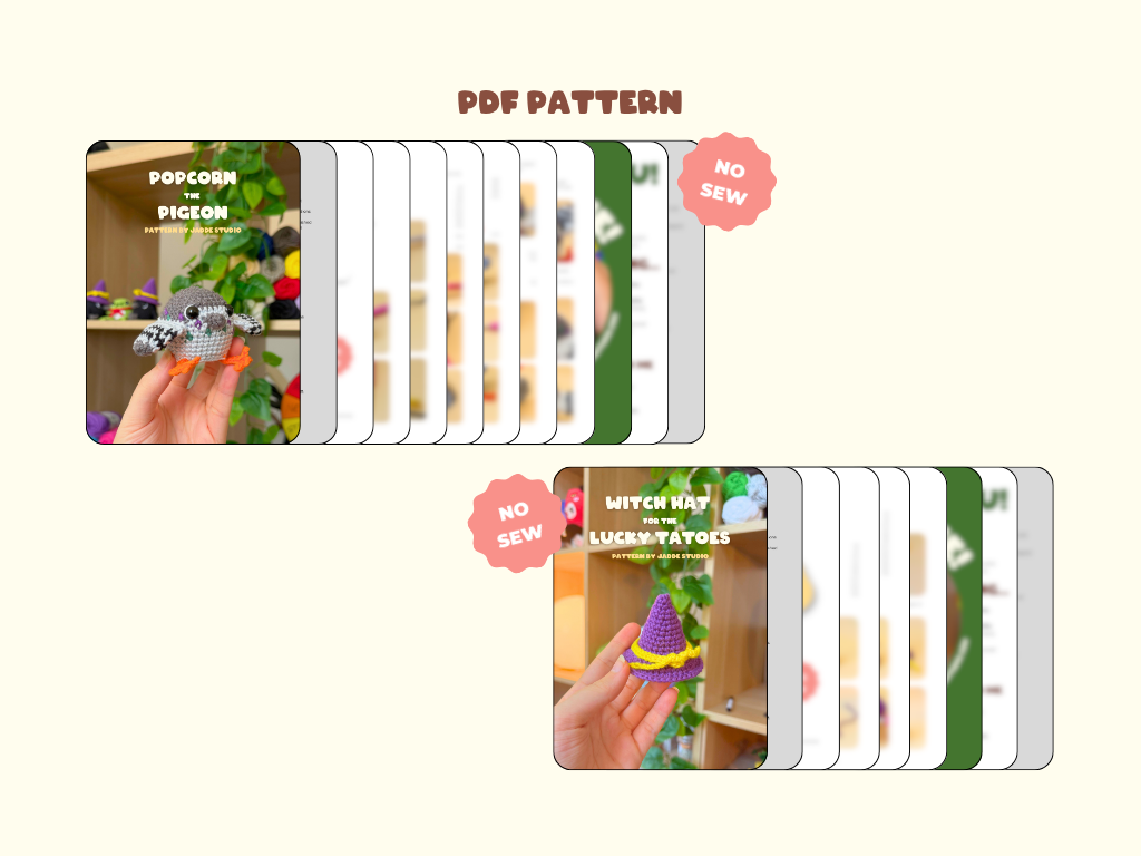A digital listing graphic for a PDF sewing pattern set, featuring two example pattern covers with stacks of interior pages behind them. The top cover shows a small gray and orange crochet creature labeled 'POPCORN PIGEON,' and the bottom cover shows a purple, yellow, and pink pointed hat labeled 'WITCH HAT FOR THE LUCKY TATOES.