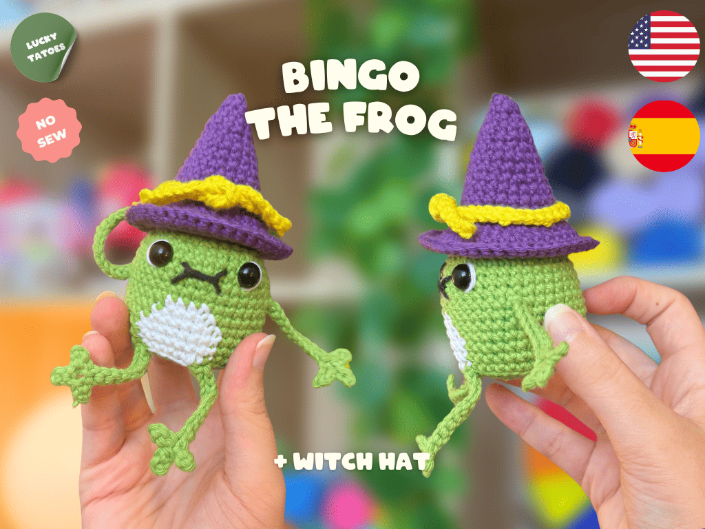 Two small crocheted crow characters wearing purple witch hats with yellow bands are held in human hands against a colorful blurred background. Text reads 'KEY THE CROW' and '+ WITCH HAT', with 'LUCKY TATTOO' and 'NO SEW' badges plus US and Spain flags.