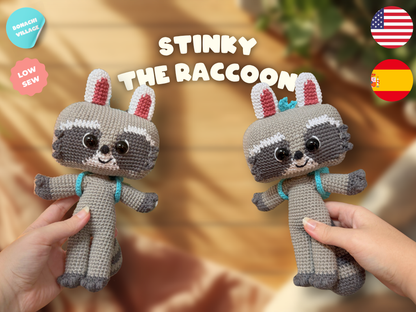 Two handmade crocheted raccoon dolls labeled 'Stinky the Raccoon' are held in hands against a warm blurred background. The image includes promotional badges reading 'Embroidery Machine,' 'Low Sew,' and flags for USA and Spain.