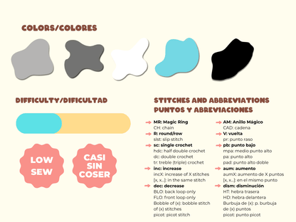 Crochet color chart with yarn swatches and stitch abbreviations on a beige background