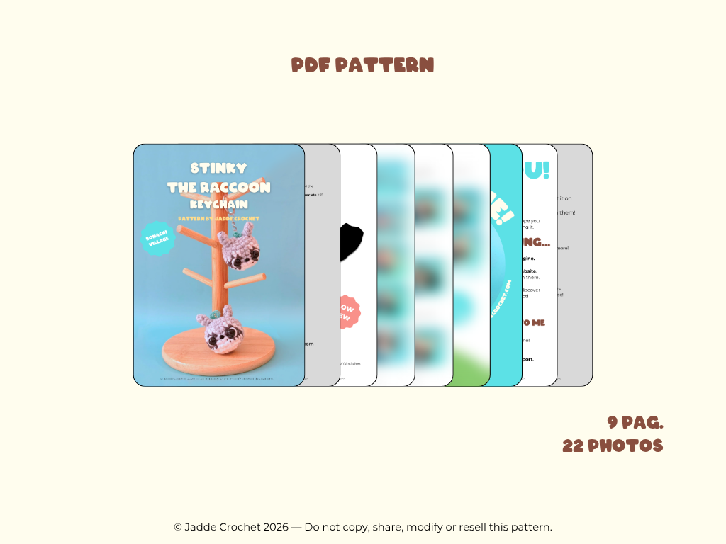 PDF pattern for a raccoon keychain with 9 pages and 22 photos, featuring a raccoon character on a stand.