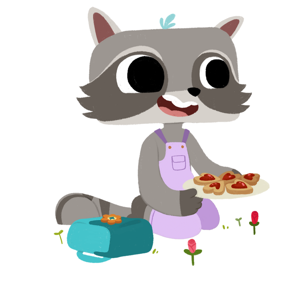 Cartoon raccoon character in overalls holding a tray of cookies in a garden picnic