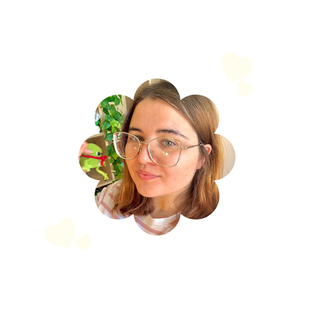 A flower cutout photo of a young woman with glasses and brown hair, layered over a flower-shaped collage of small photos, centered on a white background with faint heart shapes.