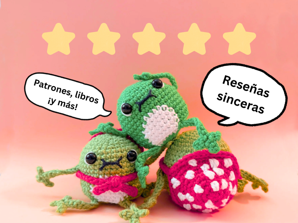 Two green crocheted characters with speech bubbles indicating 'Patterns, books & more' and 'Honest reviews' on a pink background with five yellow stars.