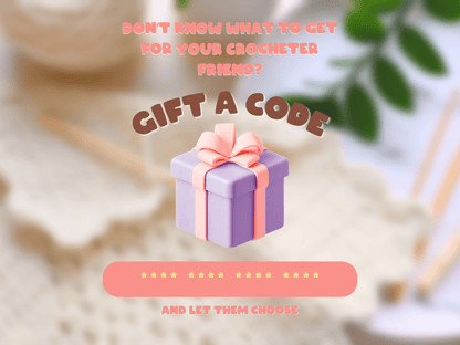 Promotional graphic with a gift box and text for a crochet friend, featuring blurred crochet materials in the background.