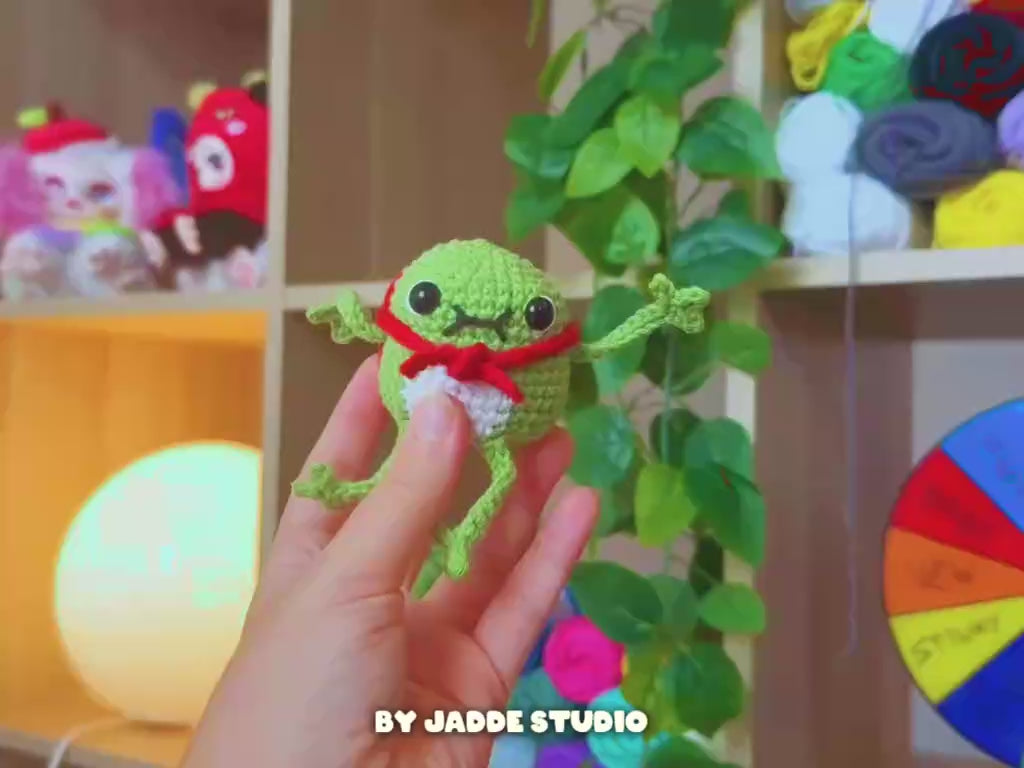 Video of Bingo the Frog wearing an Amanita Hat crochet pattern from lucky tatoes